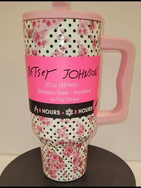 Betsey Johnson Pink Floral Polka Dot Insulated Travel Mug